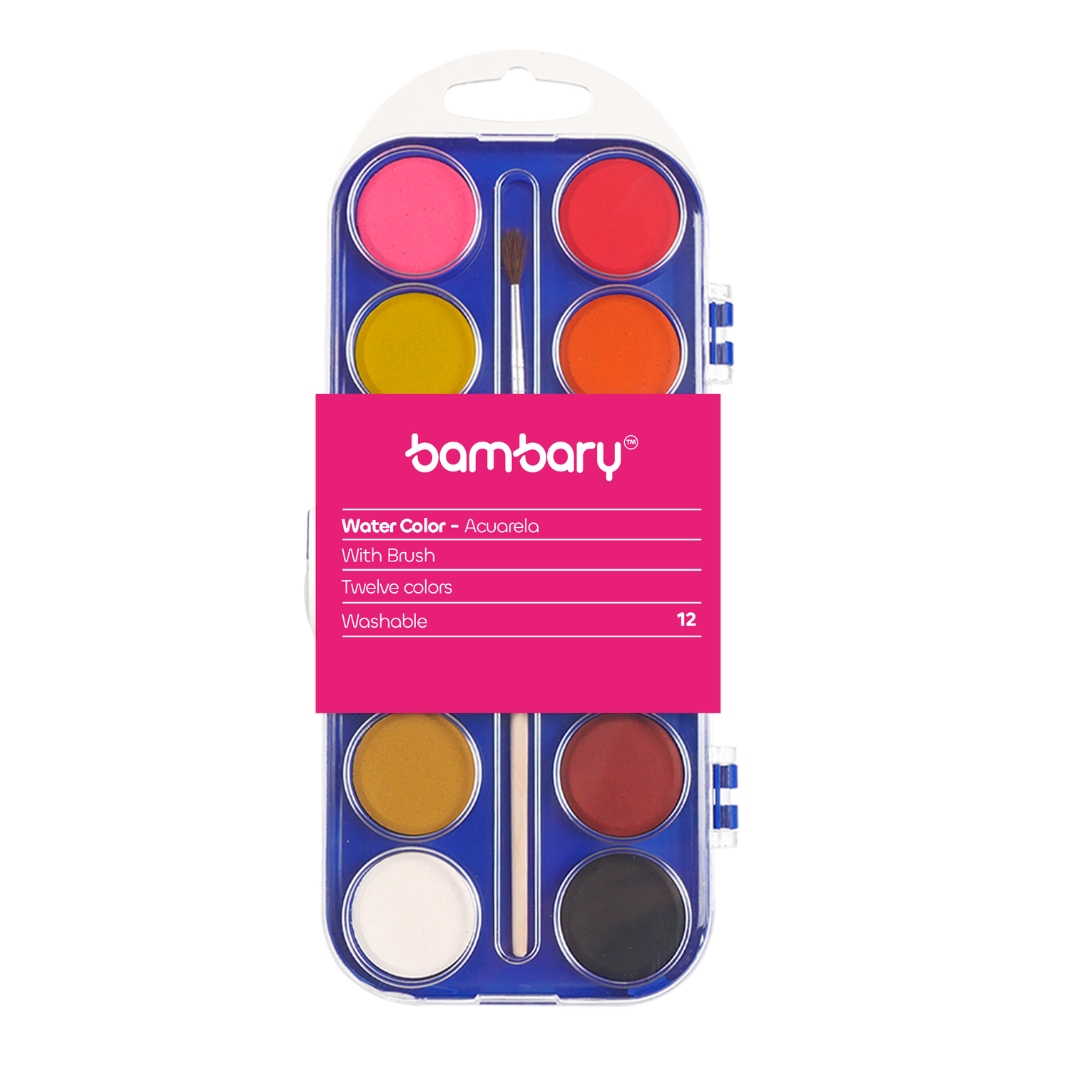 Water Color 12 Color Set 28 mm With Paint Brush Plastic Case 12 unt