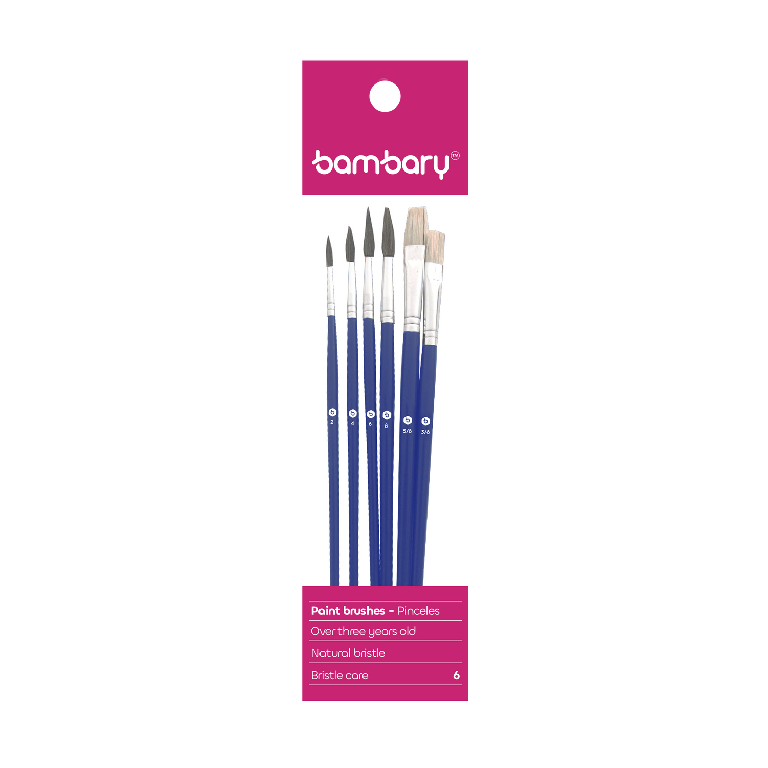Paintbrush Set No. 3/8 & 5/8 Bristle Brush. No. 2.4.6 & 8 Pony Brush Wood Handle 6 Unt