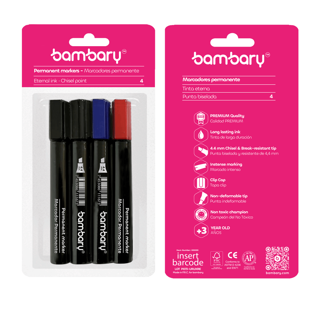 Permanent markers set 2 black, 1 red, 1 blue - 4 pieces