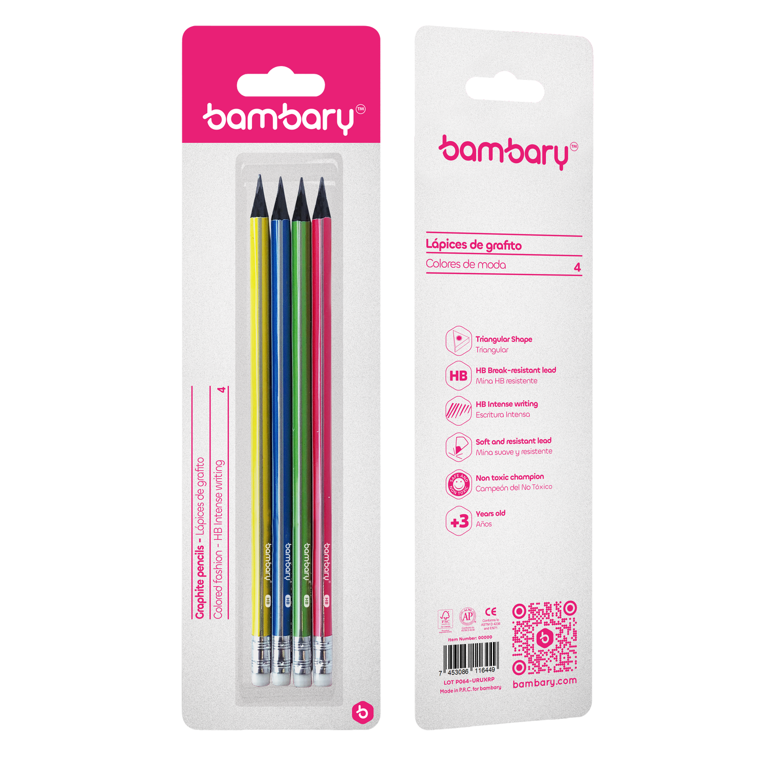 Triangular  Graphite Pencils 7" X2.20 mm HB Black Wood Strip Bambary Color Bli 4 unt