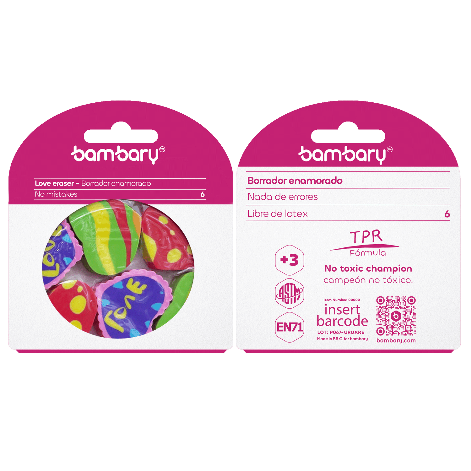 Heart shape eraser multiple color designs 6 unt