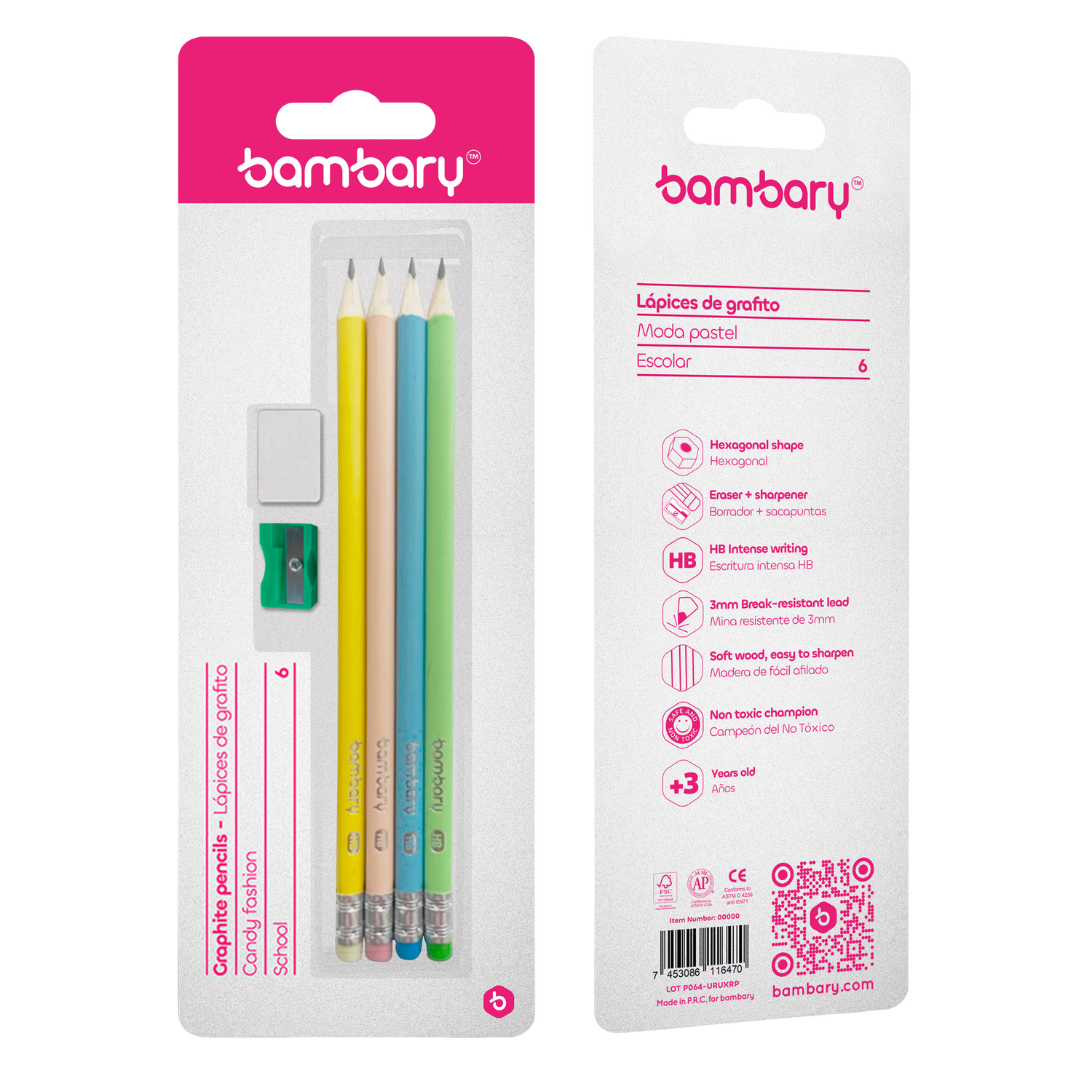 Set hexagonal graphite pencils 7"X2.20 mm HB 4 pcs + eraser + sharpener