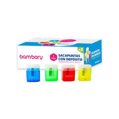 Plastic Sharpener 1 Hole With Deposit 4 Colors Box 12 Unt - Bambary