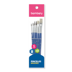 Paintbrush Set No. 3/8 & 5/8 Bristle Brush. No. 2.4.6 & 8 Pony Brush Wood Handle 6 Unt - Bambary