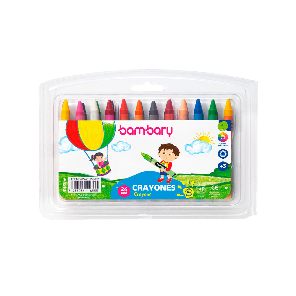 Round Wax Crayons 8x90 mm Plastic Case 24 unt - Bambary