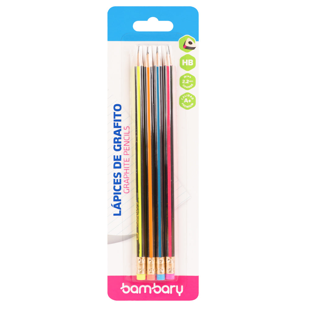 Triangular  Graphite pencils 7" X2.20 mm HB Strip  C/Neon Bli 4 unt - Bambary