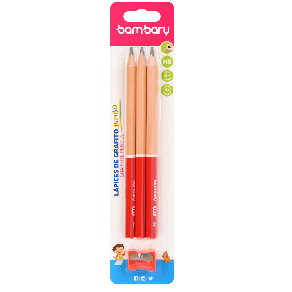 Triangular Jumbo Graphite Pencils 7" X 4mm HB With Sharpener Bli 3 unt - Bambary